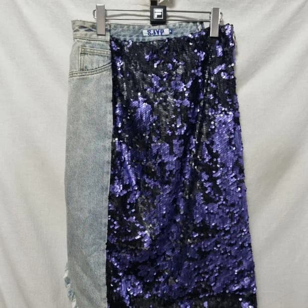 SJYP 데님 스팽글 언발란스 스커트 M