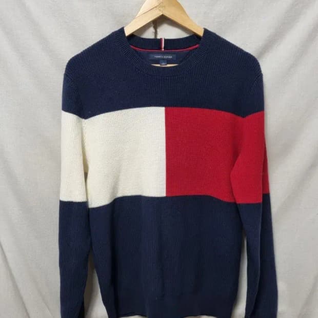 타미힐피거 삼색 컬러 블록 니트 M