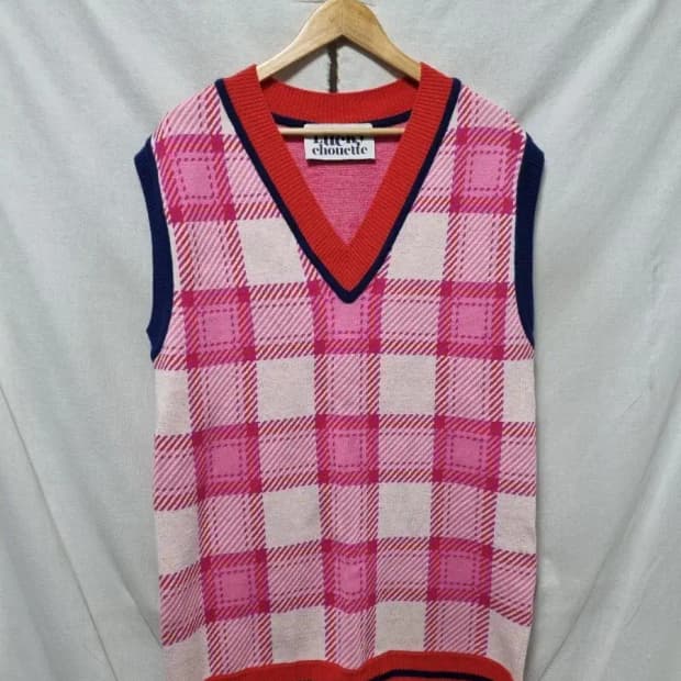 럭키슈에뜨 핑크 체크 니트 원피스 F