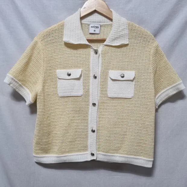 AOUTIEN 옐로우 반팔 카라 니트 가디건