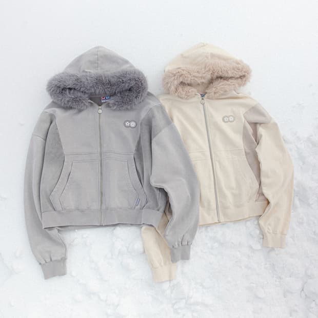 반디더핑크 퍼 후드집업 오트밀