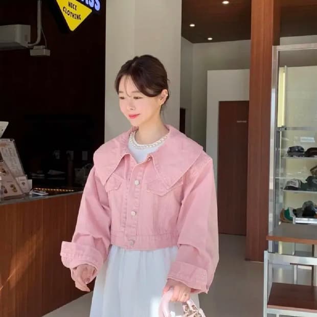 (택포) 바이씨니 바이플로우 세일러카라 오버핏 데님자켓