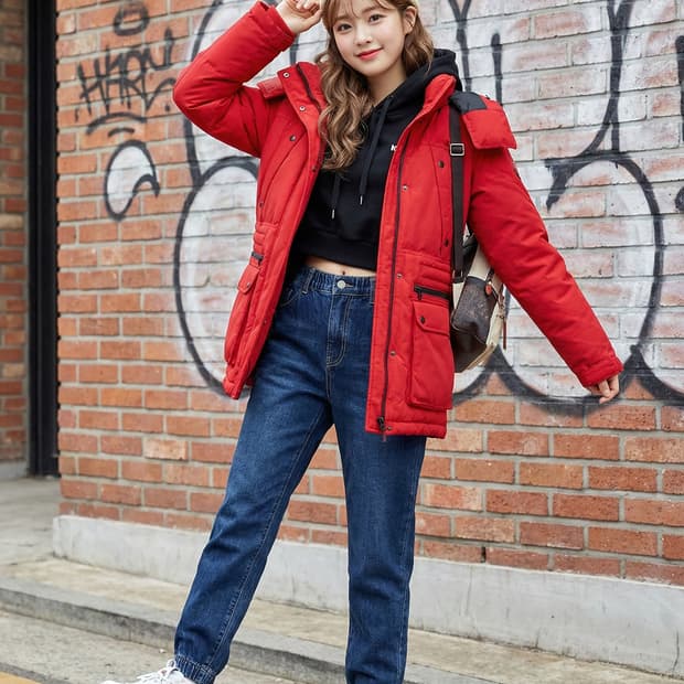 GUESS 게스 여성 레드 오리털 다운 점퍼