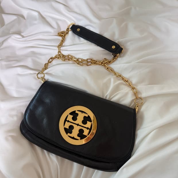 토리버치 블랙 레더 금장 체인 숄더백