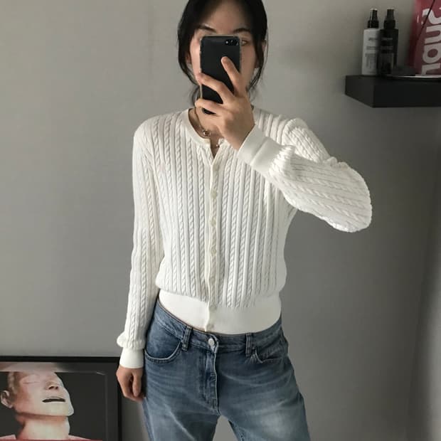 폴로 랄프로렌 포니로고 화이트 케이블 니트 가디건