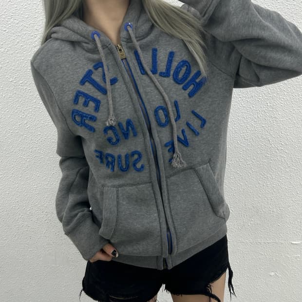 홀리스터 블루 센터로고 그레이 후드집업 S