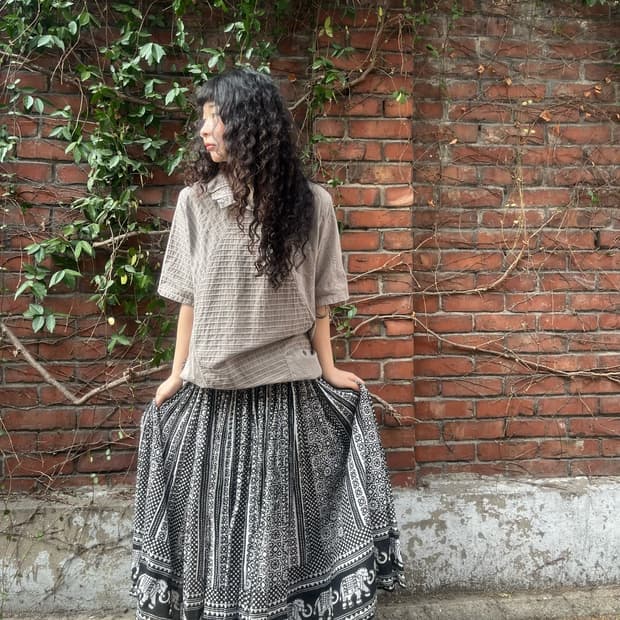 블랙 히피 패턴 롱 스커트