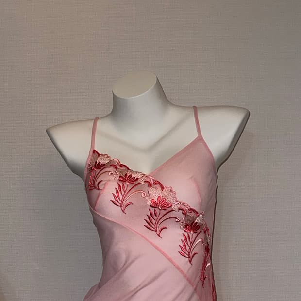 빈티지 핑크 시스루 플라워 오리엔탈 슬리브리스 원피스