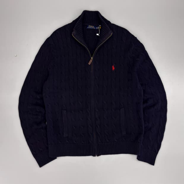 폴로 랄프로렌 오버핏 신형 QR라벨 딥네이비 케이블 코튼 니트 집업