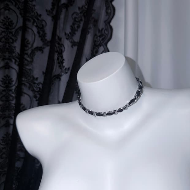༒ NECKLACE 010 블랙 벨벳 레이어드 실버 체인 초커