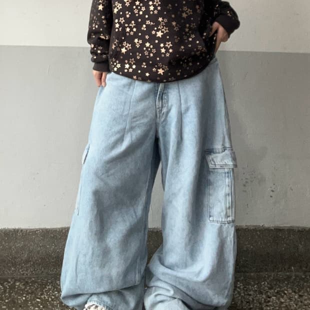 90s 연청 아이스워싱 데님 카고와이드팬츠