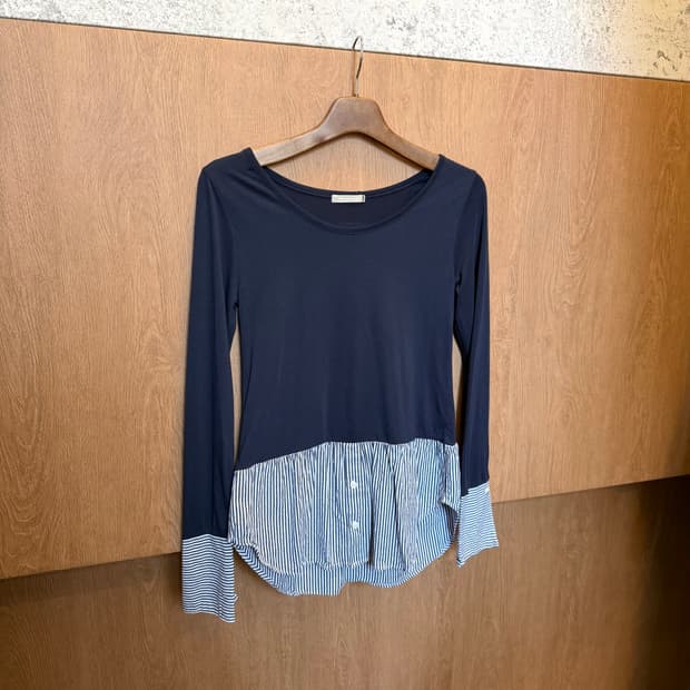 빈티지 긴팔 티셔츠 스트라이프 셔츠 레이어드 배색 디테일 네이비