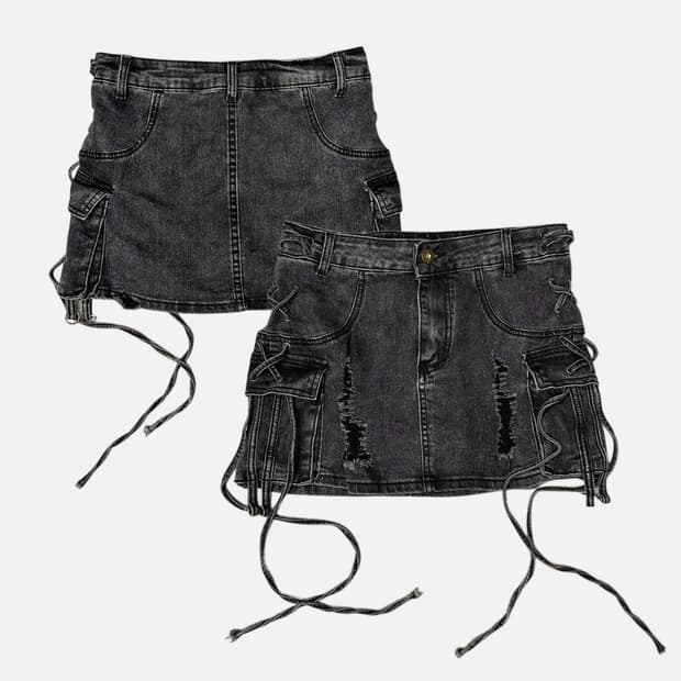 lace-up cargo distressed denim skirt