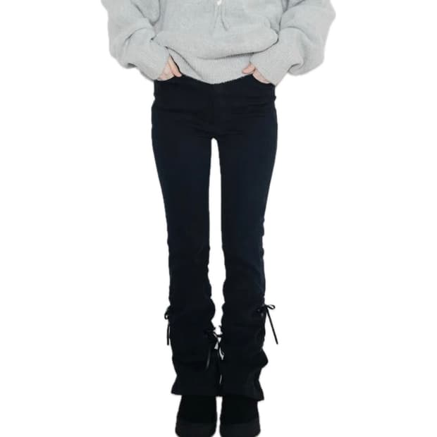 하이스쿨디스코 리본 셔링 부츠컷 피치 코튼 팬츠