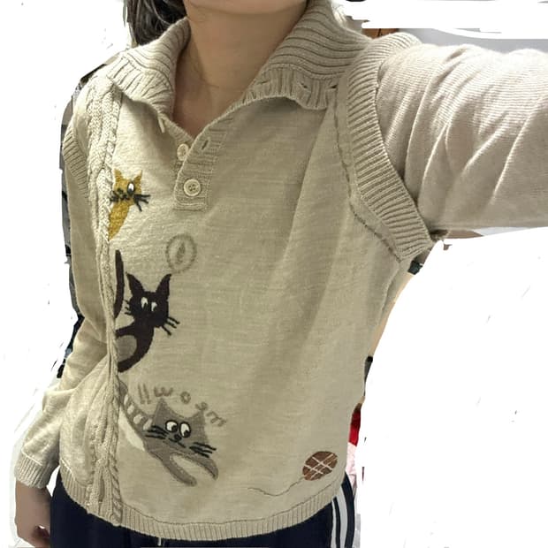 Japanese vintage 베이지 고양이 버튼 니트