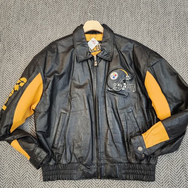 [XL] Steelers NFL 블랙 옐로우 가죽자켓