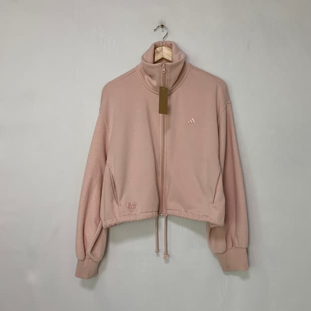 아디다스 하이넥 맨투맨 오버핏 세미크롭 블루종 집업 벚꽃 핑크 L