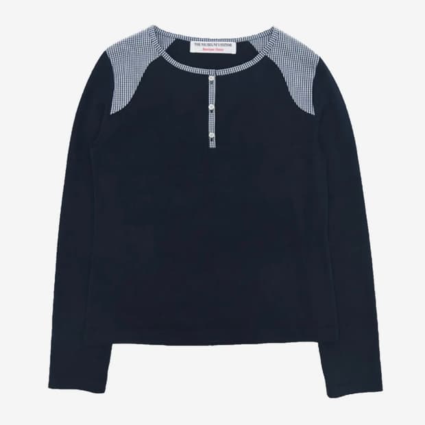 더뮤지엄비지터 CHECK MIXED HENLEY NECK T-SHIRT