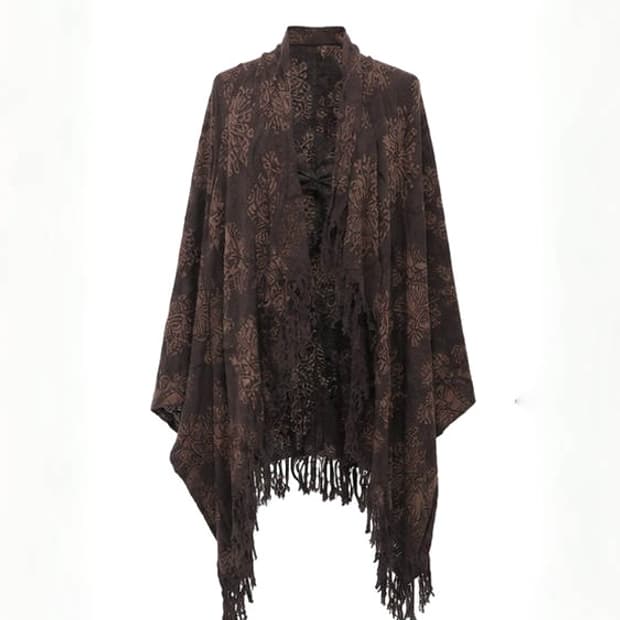 Brown Ethnic Jacquard Fringe Cardigan
