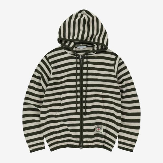 슬로우애시드 스트라이프 니트 후드집업 [카키]