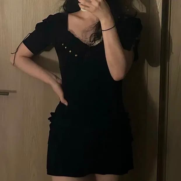 빈티지 고스로리 갸루 벨벳 프릴 미니 원피스