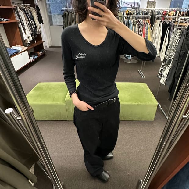 OS)Japanese vintage 여성 v넥 7부 롱슬리브