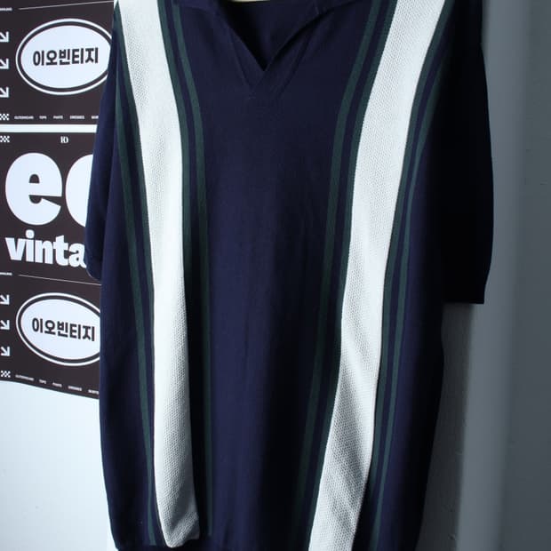 (L-2XL) 솔티 반팔 카라 티셔츠 브이넥 니트 배색-H36857