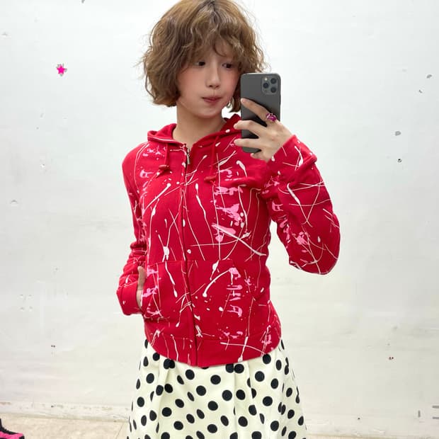 Pink Painting Red Hooded Zip-Up