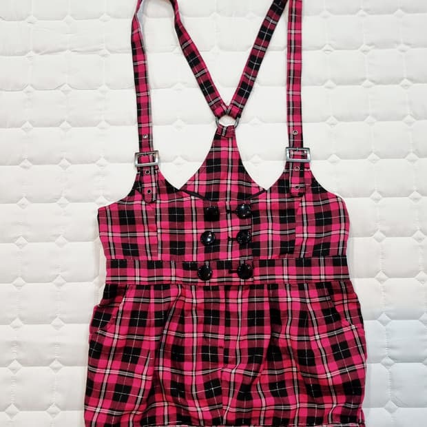 핑크 체크 멜빵 튜닉(미니원피스)