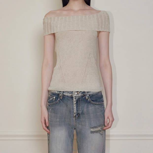 LINEN OFF-SHOULDER KNIT, BEIGE