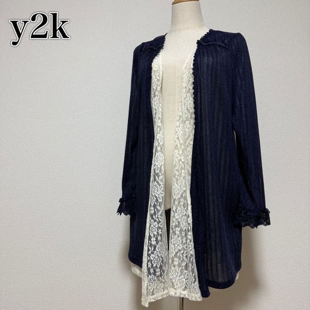 엑시즈팜 일본빈티지)네이비 고딕로리타st 레이스 글리터 레이어드니트가디건