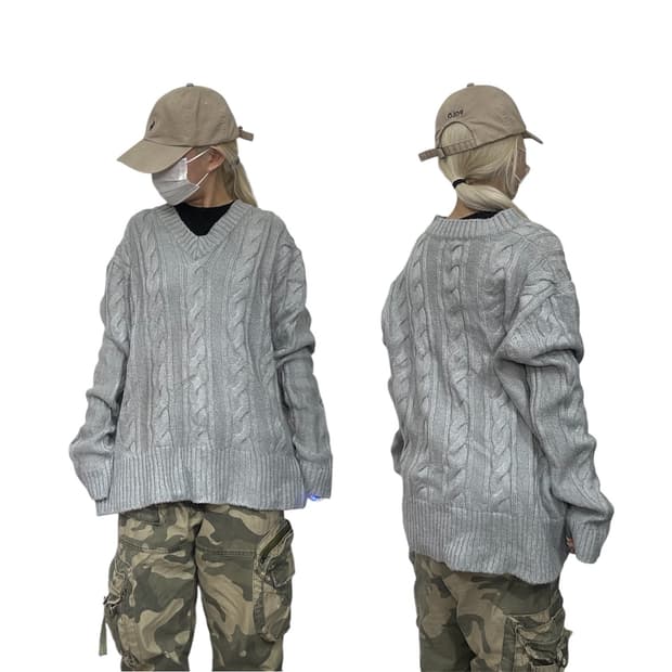 일본 빈티지 그레이 꽈배기 회색 니트