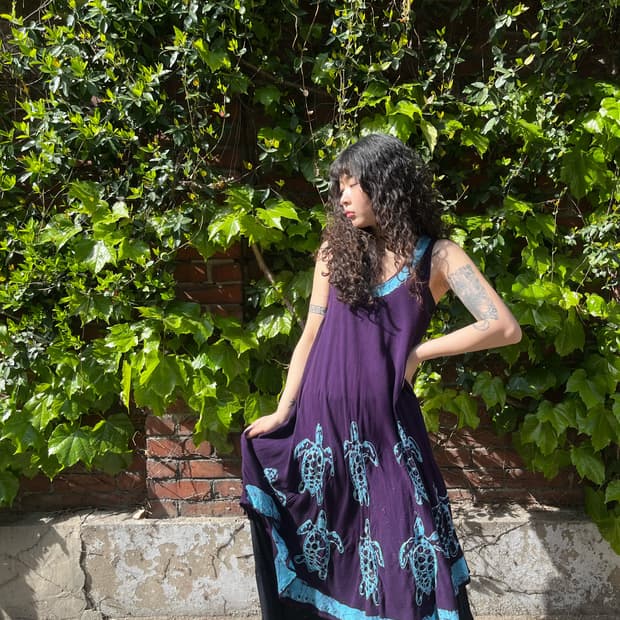 바다 거북이 자수 미디 원피스