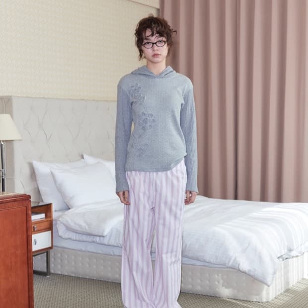 영마일웨어 flower knit slim hoodie_ grey