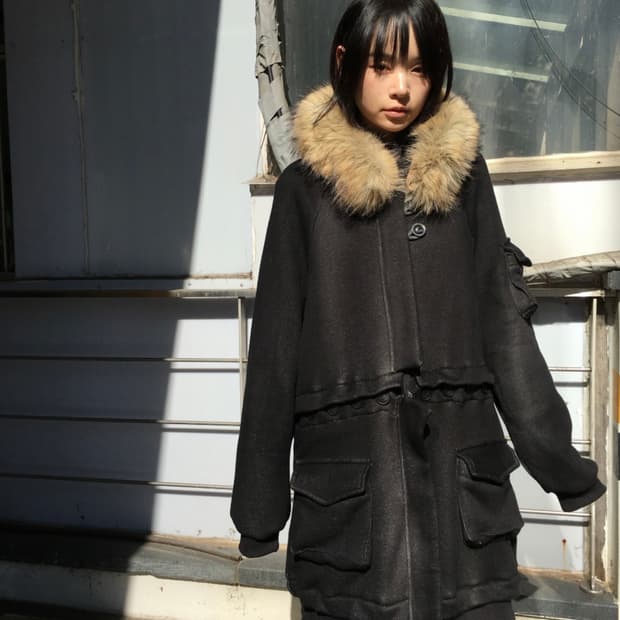 오스하이 2way Fur Hood Zip Up Vintage Black