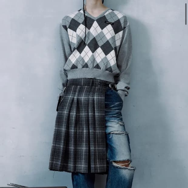 레씨토 레이어드 체크 스커트 그레이