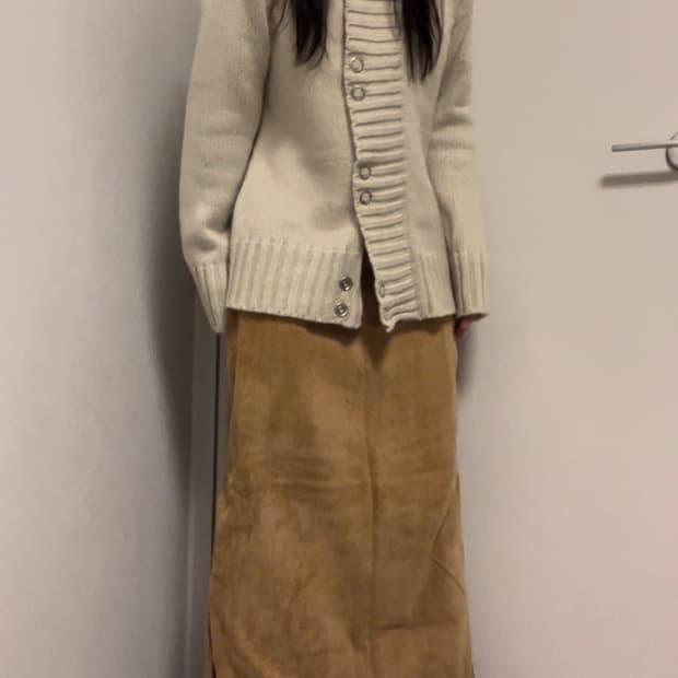 camel ribbed bone long skirt