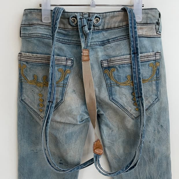 디젤 양가죽 멜빵 벨트 웨스턴 스타일 데님 워싱 진 팬츠