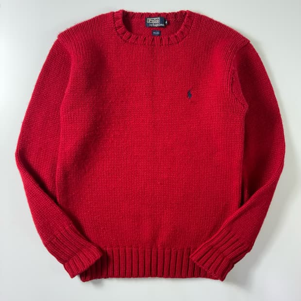 Polo  폴로 랄프로렌 90,s 자수 헤비울 레드 라운드 니트