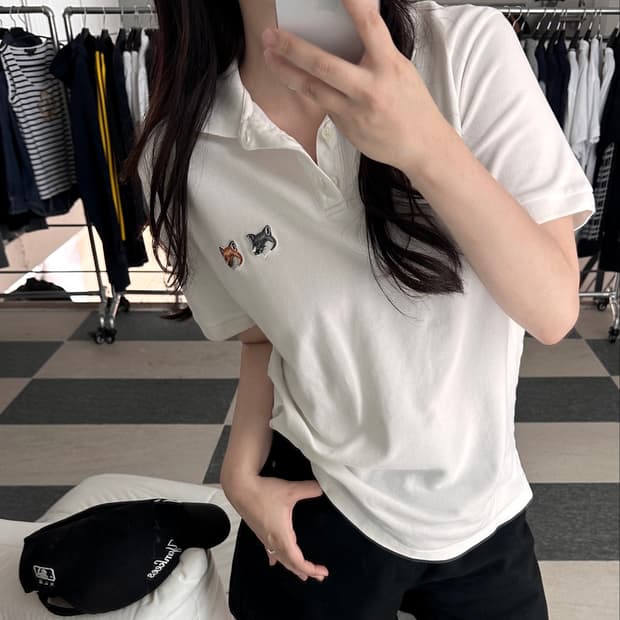 메종키츠네 더블 폭스헤드 화이트 카라 티셔츠