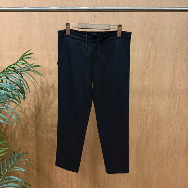 요지 야마모토 울 팬츠 드로우 스트링 백 더블 포켓 스트레이트핏 블랙