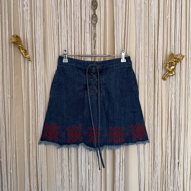 Lace-Up Embroidered Denim Skirt 0046