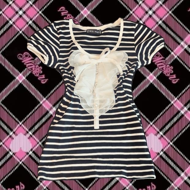 세실맥비 라떼갸루 로걀 달천깔 오네갸루 빈티지 러플 스트라이프 블라우스 