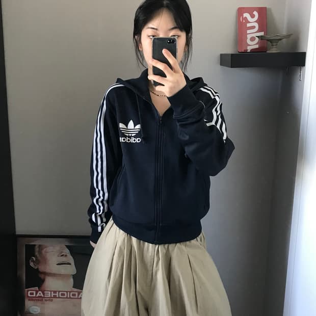 아디다스 00년대 올드스쿨 파이어버드 네이비 후드 트랙탑 져지