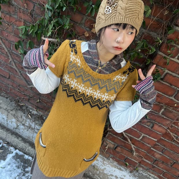 머스타드 니트 레이어드 원피스