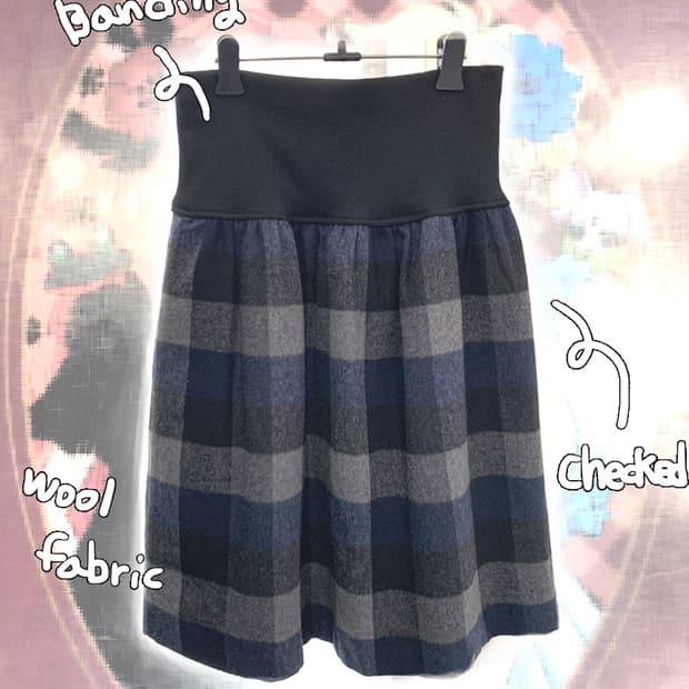JPY)Wool banding checked midi skirt