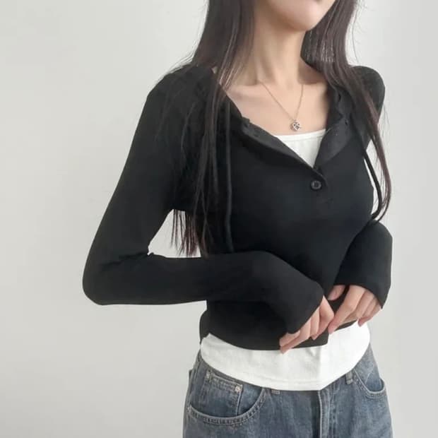 에이블리 일체형 레이어드 슬림 여리핏 옆셔링 긴팔티