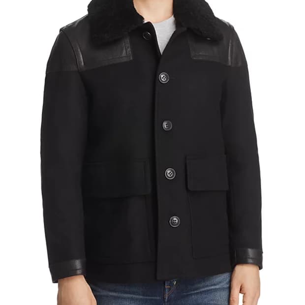 버버리 블랙 양털 카라 가죽 패치 코트