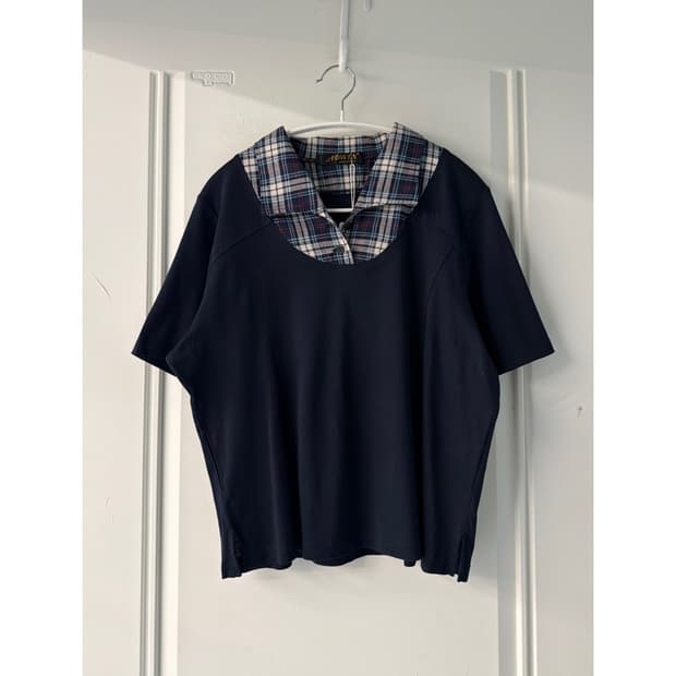 일본빈티지 프레피 체크 레이어드 반팔티