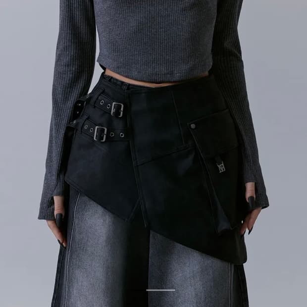트리밍버드 레더랩스커트 Belted Layered Leather Wrap
